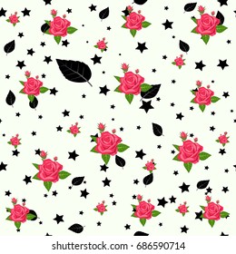 Star seamless with leaf and rose on white background
