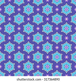 Star Seamless Oriental Pattern. Colorful folkloric textile design on dark blue background.