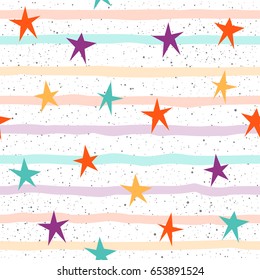 Star seamless pattern background. Abstract childish purple, green, yellow, orange star for design t-shirt, card, invitation, poster, brochures, album, scrapbook, menu etc. 