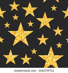 Star seamless pattern, black christmas  background with big and small golden stars, luxury xmas print, vector holiday card, kids paper wrapping