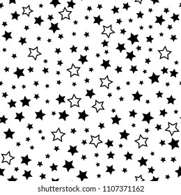 Star seamless pattern. Black stars on white retro background. Chaotic elements. For web, print, wallpaper, wrapping, fashion fabric, textile design, background for invitation card, holiday decor