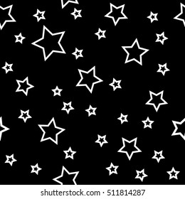 Star Seamless Pattern. Black And White Retro Background. Chaotic Elements. Abstract Geometric Shape Texture. Effect Of Sky. Design Template For Wallpaper, Wrapping, Fabric, Textile Vector Illustration