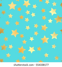 Star seamless pattern. Blue and gold retro background. Chaotic elements. Abstract geometric shape texture. Effect of sky. Design template for wallpaper,wrapping, textile. Vector Illustration
