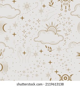 Star seamless pattern and Boho astrology.Mystical and bohemian symbols of the moon, sun and stars.The main  magical signs of the tarot.Golden linear drawing and trendy style.