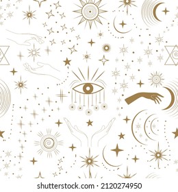 Star seamless pattern and Boho astrology.Mystical and bohemian symbols of the moon, sun and stars.The main  magical signs of the tarot.Golden linear drawing and trendy style.