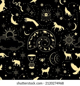 Star seamless pattern and Boho astrology.Mystical and bohemian symbols of the moon, sun and stars.The main  magical signs of the tarot.Golden linear drawing and trendy style.