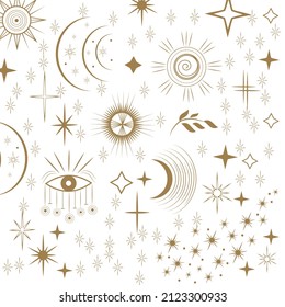 Star seamless pattern and Boho astrology.Mystical and bohemian symbols of the moon, sun and stars.The main  magical signs of the tarot.Golden linear drawing and trendy style.