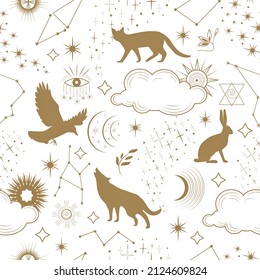 Star seamless pattern and Boho astrology.Mystical and bohemian symbols of the moon, sun and stars.The main  magical signs of the tarot.Golden linear drawing and trendy style.