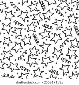 Star seamless pattern with children crayon drawings. Doodle, chalk drawn background for wrapping paper, textile, kids tissue. Vector illustration