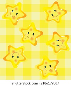 Star seamless pattern hand drawn vector illustration.Cute smiley stars on yellow gingham background.Geometric vector pattern for gift paper, tablecloth, picnic blanket, other Easter holiday design. 