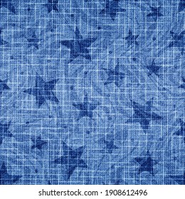 Star seamless pattern. Indigo texture. Blue stars background. Repeated modern stylish denim fabric. Abstract patterns. Repeating irregular creative stars. Mark mottled design prints. Vector