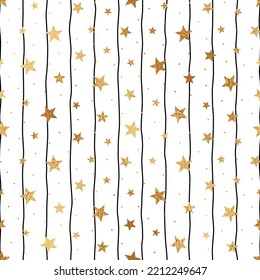 Star seamless pattern. Repeated gold stars background. Abstract glitter design for prints. Repeating marble foil. Cute wallpaper. Repeat random stars. Irregular starry texture. Vector illustration