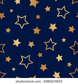 Star seamless pattern. Repeated golden stars on dark blue background. Repeatin gold glitter patern for design prints, gift wrappers. Bling star packing. Repeat sparkle texture. Vector illustration