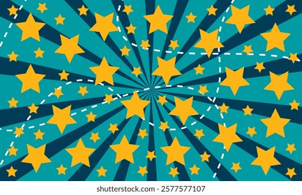 Star seamless pattern. Repeated  stars on sun rays background. Repeatin gold glitter patern for design prints, gift wrappers. Bling star packing. Repeat sparkle texture. Vector illustration