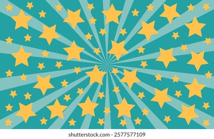 Star seamless pattern. Repeated  stars on sun rays background. Repeatin gold glitter patern for design prints, gift wrappers. Bling star packing. Repeat sparkle texture. Vector illustration