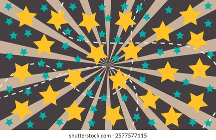 Star seamless pattern. Repeated  stars on sun rays background. Repeatin gold glitter patern for design prints, gift wrappers. Bling star packing. Repeat sparkle texture. Vector illustration