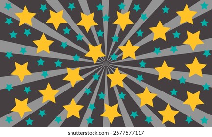 Star seamless pattern. Repeated  stars on sun rays background. Repeatin gold glitter patern for design prints, gift wrappers. Bling star packing. Repeat sparkle texture. Vector illustration