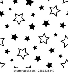 Star seamless pattern. Repeating black stars isolated on white background. Repeated simple prints for design. Abstract monocrome lattice. Repeat sample. Geometric random texture. Vector illustration