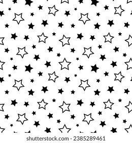 Star seamless pattern. Repeating black stars isolated on white background. Repeated simple prints for design. Abstract monocrome lattice. Repeat sample. Geometric random texture. Vector illustration