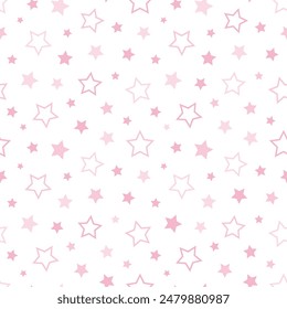Star seamless pattern. Repeating pink stars isolated on white background. Repeated simple prints for design. Abstract monocrome lattice. Repeat sample. Geometric random texture. Vector illustration