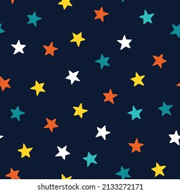Star seamless pattern. Simple colorful multi-colored stars on a dark blue background. Ideal for baby textiles, baby wallpaper, packaging, fabric, digital paper, etc