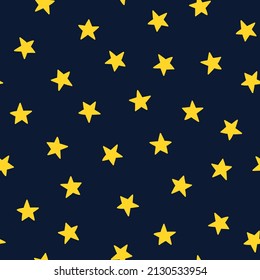 Star seamless pattern. Simple yellow stars on a dark blue background. Ideal for baby textiles, baby wallpaper, packaging, fabric, digital paper, etc