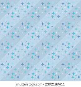 Star seamless pattern. Turquoise, teal, aquamarine stars on gray diagonal striped background. Abstract geometric backdrop