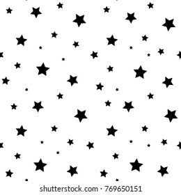 Star seamless pattern. White and black retro background. Chaotic elements. Abstract geometric shape texture. Effect of sky. Design template for wallpaper,wrapping, textile. Vector Illustration