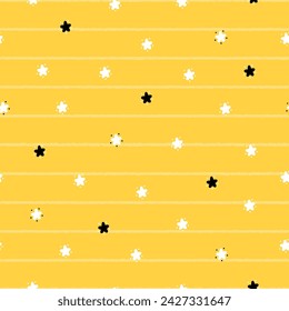 Star Seamless Yellow Striped Pattern. Vector Starry Sky Background. Festive Stars Wallpaper. Holiday and Birthday Party Design.