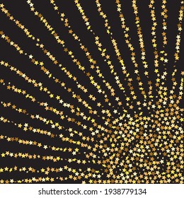 Star Sequin Confetti on Black Background. Isolated Flat Birthday Card. Golden Stars Banner. Voucher Gift Card Template. Christmas Party Frame. Vector Gold Glitter. Falling Particles on Floor.