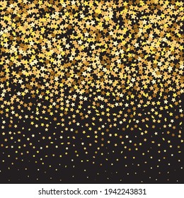 Star Sequin Confetti on Black Background. Christmas Party Frame. Isolated Flat Birthday Card. Golden Stars Banner. Vector Gold Glitter. Falling Particles on Floor. Voucher Gift Card Template.