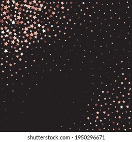 Star Sequin Confetti auf schwarzem Hintergrund. Einzeln-Flach-Geburtstagskarte. Banner der goldenen Sterne. Gutscheinkarten-Vorlage. Vector Gold Glitter. Fallende Partikel auf dem Boden. Weihnachtsfeierrahmen.