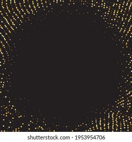Star Sequin Confetti on Black Background. Voucher Gift Card Template. Christmas Party Frame. Vector Gold Glitter. Falling Particles on Floor. Isolated Flat Birthday Card. Golden Stars Banner.