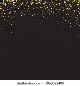 Star Sequin Confetti on Black Background. Christmas Party Frame. Voucher Gift Card Template. Isolated Flat Birthday Card. Golden Stars Banner. Vector Gold Glitter. Falling Particles on Floor.