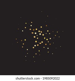 Star Sequin Confetti sobre fondo negro. Tarjeta de cumpleaños plana aislada. Cartel de las estrellas de oro. Plantilla de tarjeta regalo de cupón. Marco de fiesta de Navidad. Glitter de oro vectorial. Cayendo partículas en el suelo.