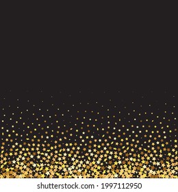 Star Sequin Confetti on Black Background. Christmas Party Frame. Vector Gold Glitter. Falling Particles on Floor. Isolated Flat Birthday Card. Golden Stars Banner. Voucher Gift Card Template.