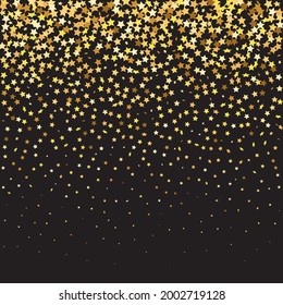 Star Sequin Confetti on Black Background. Christmas Party Frame. Vector Gold Glitter. Falling Particles on Floor. Voucher Gift Card Template. Isolated Flat Birthday Card. Golden Stars Banner.