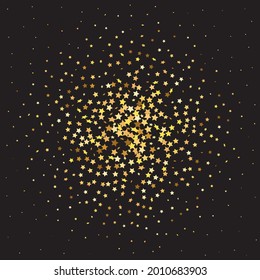 Star Sequin Confetti on Black Background. Christmas Party Frame. Isolated Flat Birthday Card. Golden Stars Banner. Voucher Gift Card Template. Vector Gold Glitter. Falling Particles on Floor.