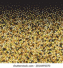 Star Sequin Confetti on Black Background. Christmas Party Frame. Voucher Gift Card Template. Vector Gold Glitter. Falling Particles on Floor. Isolated Flat Birthday Card. Golden Stars Banner.