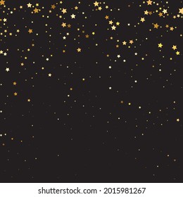 Star Sequin Confetti on Black Background. Isolated Flat Birthday Card. Golden Stars Banner. Vector Gold Glitter. Falling Particles on Floor. Christmas Party Frame. Voucher Gift Card Template.