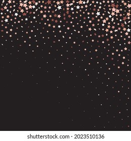 Star Sequin Confetti auf schwarzem Hintergrund. Vector Gold Glitter. Fallende Partikel auf dem Boden. Weihnachtsfeierrahmen. Einzeln-Flach-Geburtstagskarte. Banner der goldenen Sterne. Gutscheinkarten-Vorlage.