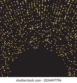 Star Sequin Confetti on Black Background. Vector Gold Glitter. Falling Particles on Floor. Voucher Gift Card Template. Isolated Flat Birthday Card. Golden Stars Banner. Christmas Party Frame.