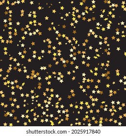 Star Sequin Confetti on Black Background. Vector Gold Glitter. Falling Particles on Floor. Isolated Flat Birthday Card. Golden Stars Banner. Voucher Gift Card Template. Christmas Party Frame.