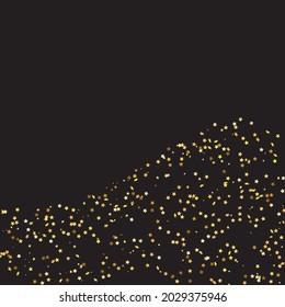 Star Sequin Confetti auf schwarzem Hintergrund. Vector Gold Glitter. Fallende Partikel auf dem Boden. Weihnachtsfeierrahmen. Gutscheinkarten-Vorlage. Einzeln-Flach-Geburtstagskarte. Banner der goldenen Sterne.