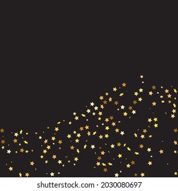 Star Sequin Confetti on Black Background. Christmas Party Frame. Voucher Gift Card Template. Isolated Flat Birthday Card. Golden Stars Banner. Vector Gold Glitter. Falling Particles on Floor.
