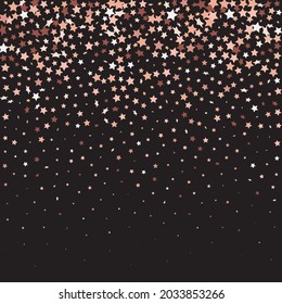 Star Sequin Confetti on Black Background. Christmas Party Frame. Voucher Gift Card Template. Isolated Flat Birthday Card. Golden Stars Banner. Vector Gold Glitter. Falling Particles on Floor.