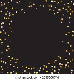 Star Sequin Confetti sobre fondo negro. Marco de fiesta de Navidad. Glitter de oro vectorial. Cayendo partículas en el suelo. Plantilla de tarjeta regalo de cupón. Tarjeta de cumpleaños plana aislada. Cartel de las estrellas de oro.
