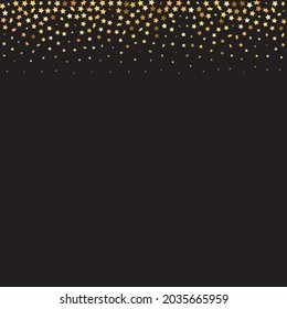 Star Sequin Confetti on Black Background. Christmas Party Frame. Voucher Gift Card Template. Isolated Flat Birthday Card. Golden Stars Banner. Vector Gold Glitter. Falling Particles on Floor.