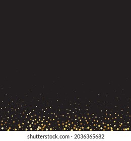 Star Sequin Confetti on Black Background. Christmas Party Frame. Vector Gold Glitter. Falling Particles on Floor. Isolated Flat Birthday Card. Golden Stars Banner. Voucher Gift Card Template.