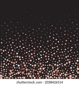 Star Sequin Confetti on Black Background. Voucher Gift Card Template. Isolated Flat Birthday Card. Golden Stars Banner. Christmas Party Frame. Vector Gold Glitter. Falling Particles on Floor.